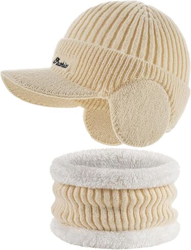 Winter Hat with Ear Flaps for Men, Beanie with Brim Hat Scarf Set, Warm Fleece Lined Skull Cap Neck Warmer for Women in Kuwait