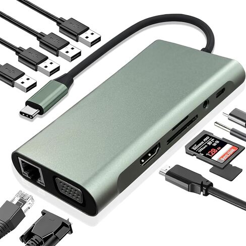 محطة إرساء USB C Hub 11 في 1، محول متعدد المنافذ من النوع C مع 4K HDMI، VGA، 100W PD، USB 3.0، RJ45 Ethernet، قارئ بطاقة SD/TF، ​​AUX، متوافق مع MacBook Pro/Air، Chromebook، أجهزة الكمبيوتر المحمولة in Kuwait