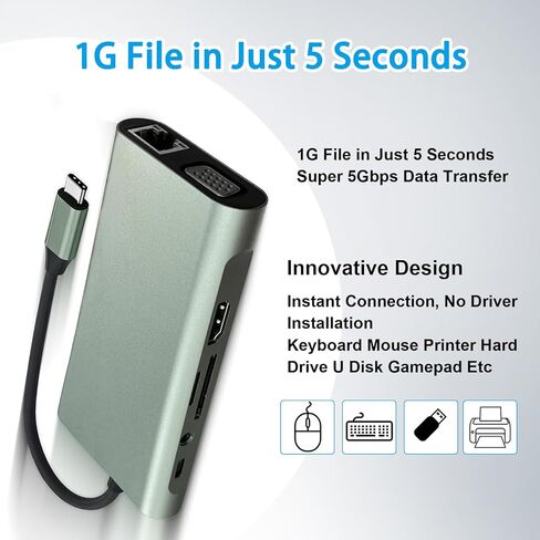 محطة إرساء USB C Hub 11 في 1، محول متعدد المنافذ من النوع C مع 4K HDMI، VGA، 100W PD، USB 3.0، RJ45 Ethernet، قارئ بطاقة SD/TF، ​​AUX، متوافق مع MacBook Pro/Air، Chromebook، أجهزة الكمبيوتر المحمولة in Kuwait