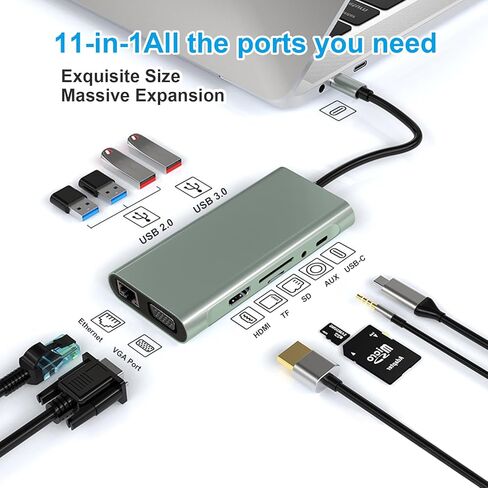 محطة إرساء USB C Hub 11 في 1، محول متعدد المنافذ من النوع C مع 4K HDMI، VGA، 100W PD، USB 3.0، RJ45 Ethernet، قارئ بطاقة SD/TF، ​​AUX، متوافق مع MacBook Pro/Air، Chromebook، أجهزة الكمبيوتر المحمولة in Kuwait