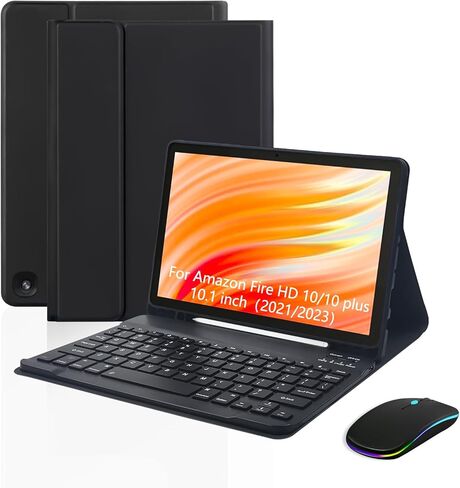 حافظة لوحة مفاتيح وماوس لجهاز Amazon Fire HD 10/10 Plus 2021/2023 مقاس 10.1 بوصة (الجيل 11/13)، لوحة مفاتيح قابلة لإعادة الشحن وقابلة للفصل مع غطاء منفذ شحن من النوع C للكمبيوتر اللوحي + الماوس (أسود) in Kuwait