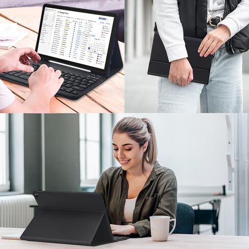 حافظة لوحة مفاتيح وماوس لجهاز Amazon Fire HD 10/10 Plus 2021/2023 مقاس 10.1 بوصة (الجيل 11/13)، لوحة مفاتيح قابلة لإعادة الشحن وقابلة للفصل مع غطاء منفذ شحن من النوع C للكمبيوتر اللوحي + الماوس (أسود) in Kuwait