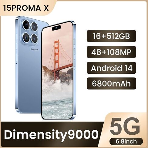 هاتف Huness 15PROMAX الذكي غير مقفل، بطارية 6800 مللي أمبير/ساعة 6.8 HD هاتف غير مقفل، 16+512 جيجابايت Android 14 مع بطاقة ذاكرة 128 جيجابايت، شريحة اتصال مزدوجة/5G/قفل بصمة الإصبع/معرف الوجه (أزرق، 16+512G) in Kuwait