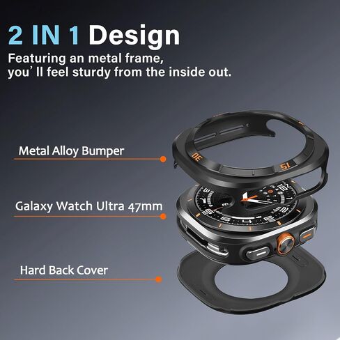 حافظة معدنية رقمية من Amizee لساعة Samsung Galaxy Watch Ultra/Ultra 2 مقاس 47 مم، غطاء خلفي متين وإطار ممتص للصدمات رفيع للغاية لساعة Galaxy Watch 7/8 Ultra، رقمي-أسود/برتقالي in Kuwait