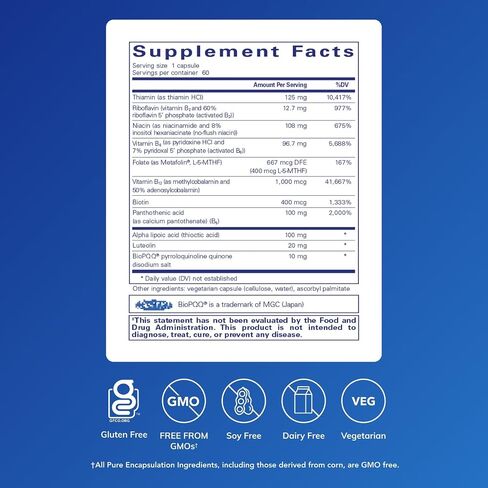 مغلفات نقية فائقة B-Complex مع PQQ | مكمل فيتامين ب لدعم الأعصاب والخلايا والميثيل وصحة الميتوكوندريا* | 60 كبسولة in Saudi Arabia