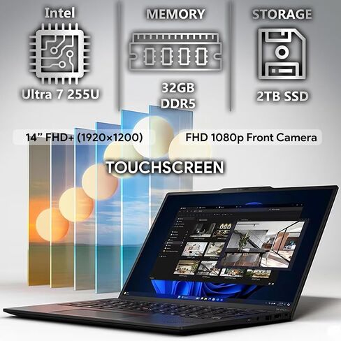 Lenovo ThinkPad X1 Carbon Gen 13 Business Laptop, Intel Ultra 7 255U, 14" FHD+ Touchscreen, 32GB DDR5 RAM, 2TB SSD PCIe, WiFi 6E + BT, RJ-45, Backlit Keyboard, 1080p Webcam, Windows 11 Pro - Black in Saudi Arabia