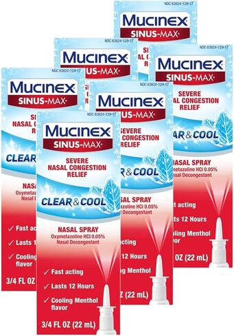 Mucinex Nasal Decongestant Spray، Sinus-Max شديد تخفيف احتقان الأنف، رذاذ الأنف الشفاف والبارد، يدوم 12 ساعة، سريع المفعول، نكهة المنثول المبردة، قد تختلف التعبئة، 0.75 أونصة سائلة (عبوة من 6) in Saudi Arabia