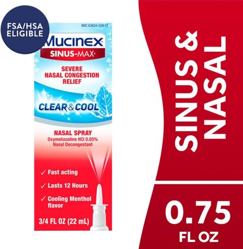 Mucinex Nasal Decongestant Spray، Sinus-Max شديد تخفيف احتقان الأنف، رذاذ الأنف الشفاف والبارد، يدوم 12 ساعة، سريع المفعول، نكهة المنثول المبردة، قد تختلف التعبئة، 0.75 أونصة سائلة (عبوة من 6) in Saudi Arabia