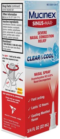 Mucinex Nasal Decongestant Spray، Sinus-Max شديد تخفيف احتقان الأنف، رذاذ الأنف الشفاف والبارد، يدوم 12 ساعة، سريع المفعول، نكهة المنثول المبردة، قد تختلف التعبئة، 0.75 أونصة سائلة (عبوة من 6) in Saudi Arabia