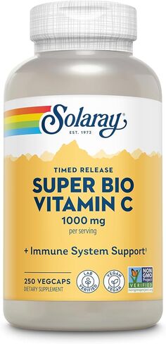 SOLARAY Super Bio Vitamin C 1000mg، مخزنة، كبسولات إطلاق الوقت مع بيوفلافونويدس، مرحلتين لامتصاص عالي ودعم المناعة طوال اليوم، نباتي، ضمان 60 يومًا، 125 حصة، 250 كبسولة نباتية in Saudi Arabia