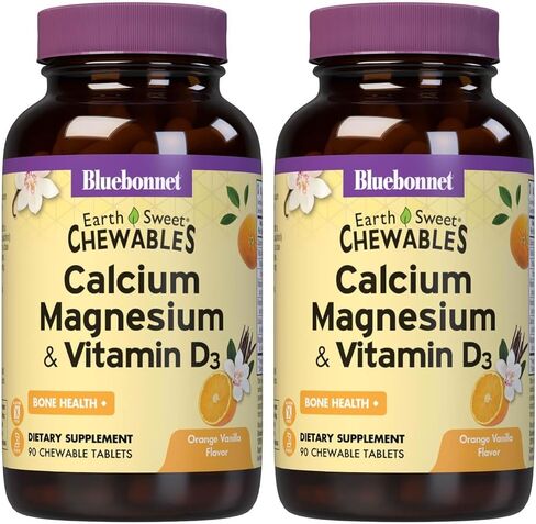 Bluebonnet Nutrition Calcium Magnesium Plus Vitamin D3 Earthsweet, Bone Health & Muscle Relaxation, Soy-Free, Gluten-Free, Kosher, Dairy-Free,90 Orange Vanilla Flavored Chewable Tablets in Kuwait
