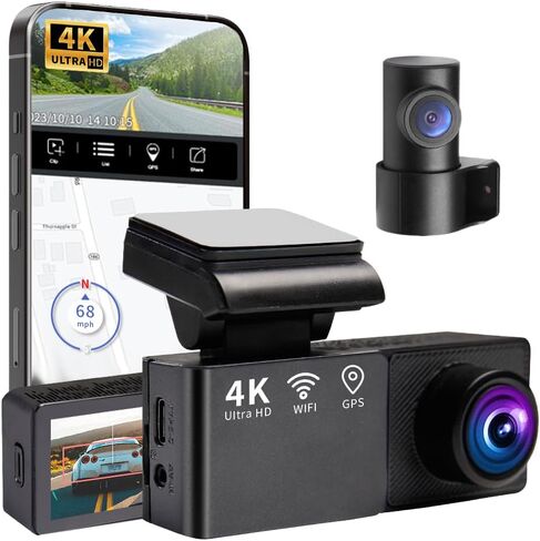 كاميرات داش كام أمامية وخلفية 4K للسيارات، مستشعر G، واي فاي مدمج مع التطبيق، تسجيل حلقة عالية الدقة، رؤية ليلية، زاوية واسعة، WDR، وضع ركن السيارة in Kuwait