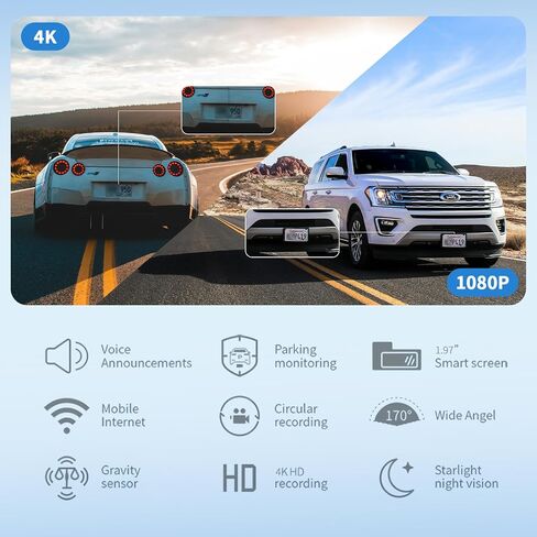 كاميرات داش كام أمامية وخلفية 4K للسيارات، مستشعر G، واي فاي مدمج مع التطبيق، تسجيل حلقة عالية الدقة، رؤية ليلية، زاوية واسعة، WDR، وضع ركن السيارة in Kuwait