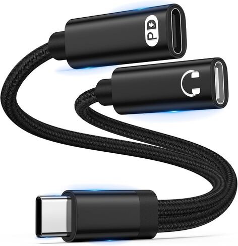 USB C Splitter 1 in 2 Out Dual USB C سماعة رأس وشاحن لهاتف iPhone 17 Pro Max/17 Pro/17 Air/17/16e/16 Pro Max/15، محول صوت من النوع C مع كابل دونجل شحن سريع PD 60W لهاتف Galaxy A17 S25FE S24 in Kuwait