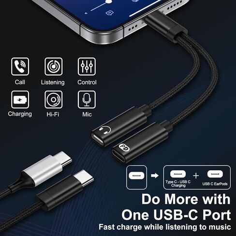 USB C Splitter 1 in 2 Out Dual USB C سماعة رأس وشاحن لهاتف iPhone 17 Pro Max/17 Pro/17 Air/17/16e/16 Pro Max/15، محول صوت من النوع C مع كابل دونجل شحن سريع PD 60W لهاتف Galaxy A17 S25FE S24 in Kuwait