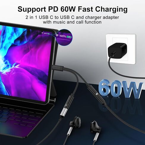 USB C Splitter 1 in 2 Out Dual USB C سماعة رأس وشاحن لهاتف iPhone 17 Pro Max/17 Pro/17 Air/17/16e/16 Pro Max/15، محول صوت من النوع C مع كابل دونجل شحن سريع PD 60W لهاتف Galaxy A17 S25FE S24 in Kuwait