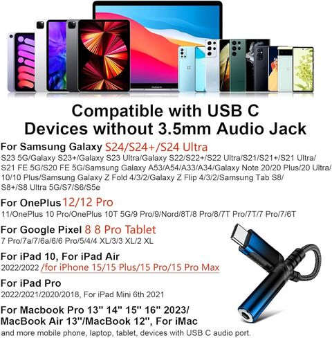 محول صوت 3.5 ملم لجهاز Samsung Galaxy S25 S24 A17 A16، محول USB C إلى 3.5 ملم لجهاز iPad 10 11، 12 سم 3.5 مقبس صوت مضفر من النوع C محول DAC لجهاز iPhone 17 Air 16 Pro Max 16e 15 Plus in Kuwait