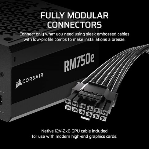 CORSAIR RM750e ATX 3.1 PCIe 5.1 مصدر طاقة معياري كامل 750 واط - كابل 12V-2x6 متضمن، كفاءة Cybenetics الذهبية، مكثفات مصنفة 105 درجة مئوية، وضع الاستعداد الحديث - أسود (متجدد) in Kuwait