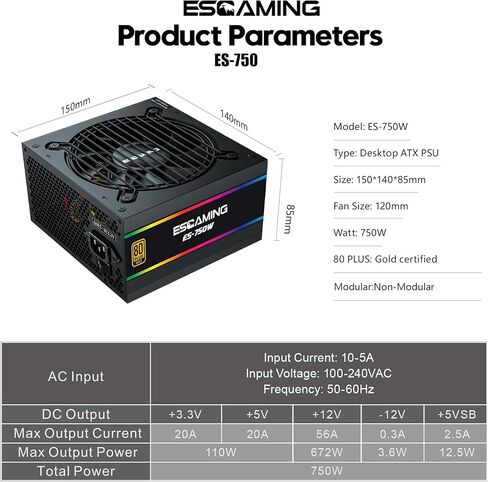 مزود طاقة بقدرة 750 وات، وحدة PSU غير معيارية حاصلة على شهادة 80 Plus Gold مع PFC نشط، ومروحة تبريد هادئة مقاس 120 مم لأجهزة الكمبيوتر المخصصة للألعاب in Kuwait