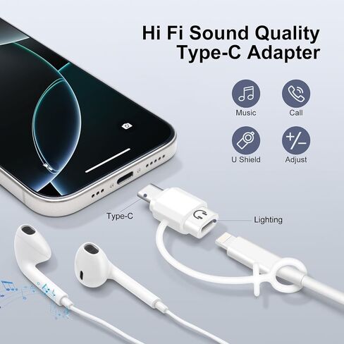محول صوت USB C إلى Lightning، محول USB C ذكر إلى Lightning أنثى لسماعات الرأس HiFi يدعم التحكم في الخط متوافق مع iPhone/iPad Pro/Air/MacBook in Kuwait