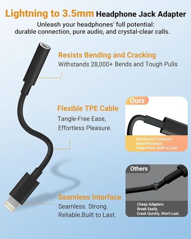 Lightning to 3.5mm Headphone Jack Adapter [Apple MFi Certified] Hi-Fi Stereo Sound, Full Function Control, Compatible with iPhone 14/13/12/11/X/8 & More – for Music, Calls & Car AUX Black 1Pack in Kuwait