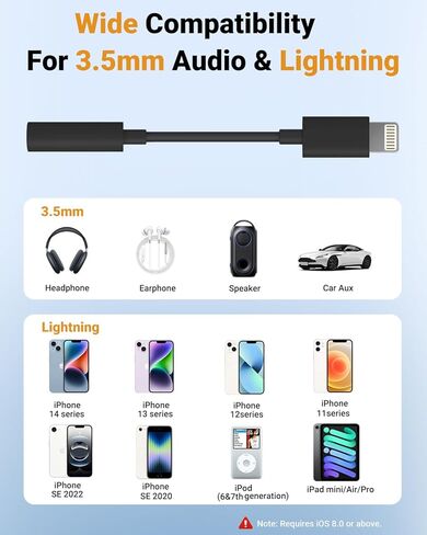 Lightning to 3.5mm Headphone Jack Adapter [Apple MFi Certified] Hi-Fi Stereo Sound, Full Function Control, Compatible with iPhone 14/13/12/11/X/8 & More – for Music, Calls & Car AUX Black 1Pack in Kuwait
