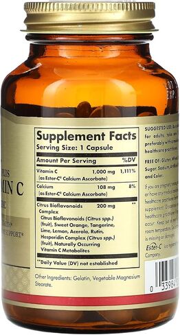 Solgar Ester-C Plus 1000 mg فيتامين C مع الحمضيات الحيوية - 100 كبسولة - لطيف وغير حمضي - دعم المناعة لمدة 24 ساعة، يدعم صحة الجهاز التنفسي العلوي - غير معدل وراثيًا، خالي من الغلوتين - 100 حصة in Saudi Arabia