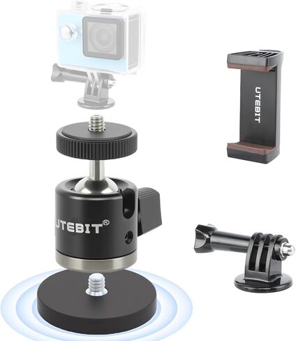 طقم حامل قاعدة تثبيت مغناطيسي UTEBIT 88 مم، قاعدة مغناطيسية مع رأس كرة ثلاثي القوائم صغير دوار 360 درجة، برغي 1/4، حامل هاتف، حامل محول GoPro، متوافق مع كاميرا الحركة والهاتف in Kuwait