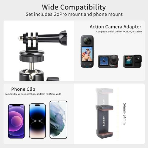 طقم حامل قاعدة تثبيت مغناطيسي UTEBIT 88 مم، قاعدة مغناطيسية مع رأس كرة ثلاثي القوائم صغير دوار 360 درجة، برغي 1/4، حامل هاتف، حامل محول GoPro، متوافق مع كاميرا الحركة والهاتف in Kuwait