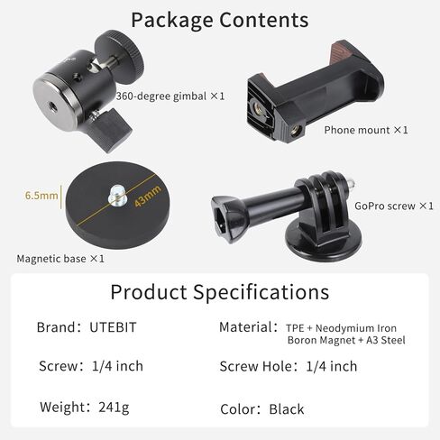 طقم حامل قاعدة تثبيت مغناطيسي UTEBIT 88 مم، قاعدة مغناطيسية مع رأس كرة ثلاثي القوائم صغير دوار 360 درجة، برغي 1/4، حامل هاتف، حامل محول GoPro، متوافق مع كاميرا الحركة والهاتف in Kuwait