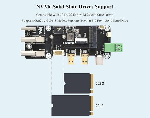 PCIe to M.2 NVMe 2230/2242 SSD+Micro HDMI to HDMI Female Multifunctional Adapter, Compatible with Raspberry Pi 5, Supports Dual 4K Outputs, Two Power Supply Methods in Saudi Arabia
