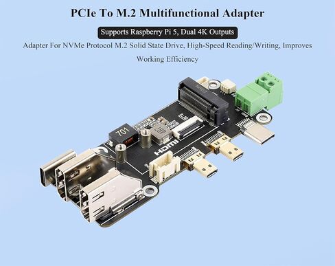 PCIe to M.2 NVMe 2230/2242 SSD+Micro HDMI to HDMI Female Multifunctional Adapter, Compatible with Raspberry Pi 5, Supports Dual 4K Outputs, Two Power Supply Methods in Saudi Arabia