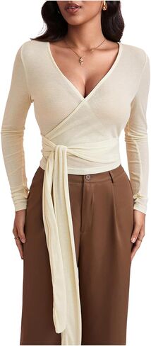 Milumia Women's V Neck Long Sleeve Wrap Shirt Tie Knot Crop Tops in Saudi Arabia