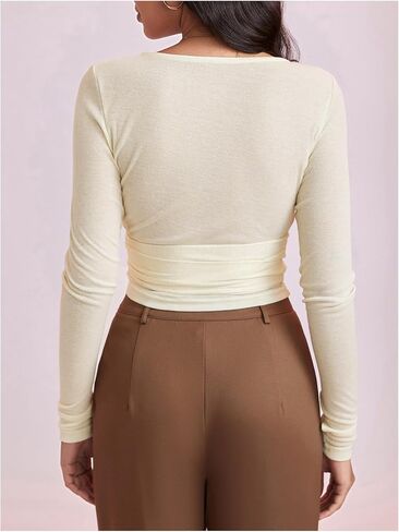 Milumia Women's V Neck Long Sleeve Wrap Shirt Tie Knot Crop Tops in Saudi Arabia