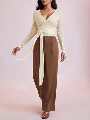 Milumia Women's V Neck Long Sleeve Wrap Shirt Tie Knot Crop Tops in Saudi Arabia