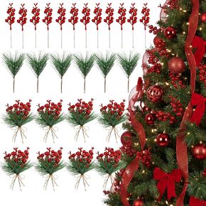 48 Pack Christmas Berries Pine Picks Artificial Pine Branches Pine Twig Set Glitter Berries Stems Fake Greenery Branches Pine Needles Green Sprigs for Xmas Tree Wreath DIY Craft Floral Holiday Decor in Kuwait