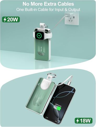 شاحن محمول قابل للسحب من Mavulo لساعة Apple وiPhone 10000mAh 20W كابل مدمج للشحن السريع مع شاشة LED، حزمة بطارية أساسيات السفر لشاحن iPhone 17 16 15، أخضر in Kuwait