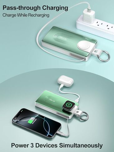 شاحن محمول قابل للسحب من Mavulo لساعة Apple وiPhone 10000mAh 20W كابل مدمج للشحن السريع مع شاشة LED، حزمة بطارية أساسيات السفر لشاحن iPhone 17 16 15، أخضر in Kuwait
