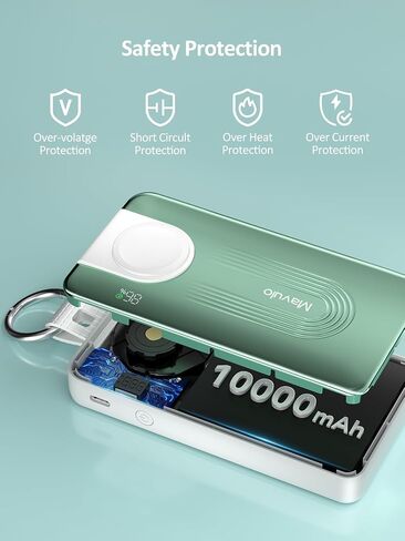 شاحن محمول قابل للسحب من Mavulo لساعة Apple وiPhone 10000mAh 20W كابل مدمج للشحن السريع مع شاشة LED، حزمة بطارية أساسيات السفر لشاحن iPhone 17 16 15، أخضر in Kuwait