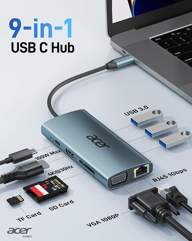 موزع USB C 9 في 1 من آيسر مع كابل أيسر 8K HDMI 2.1 (8K@60 هرتز 6.6FT) in Saudi Arabia