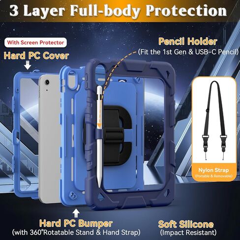 Grifobes for iPad A16 11th/10th Generation Case 2025/2022, for 11 Inch/10.9 Inch iPad Case Cover with Screen Protector, 360°Rotate Stand, Hand & Shoulder Strap, Pencil Holder, Navy Blue in Kuwait