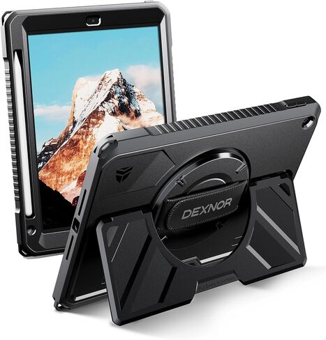 حافظة Dexnor لجهاز iPad (A16) الجيل الحادي عشر/العاشر 2025/2022 (11 بوصة/10.9 بوصة)، حافظة حماية متينة مع حزام يد دوار 360 درجة وحامل وواقي شاشة وحامل قلم رصاص وغطاء كامل للجسم مقاوم للصدمات، أسود in Saudi Arabia
