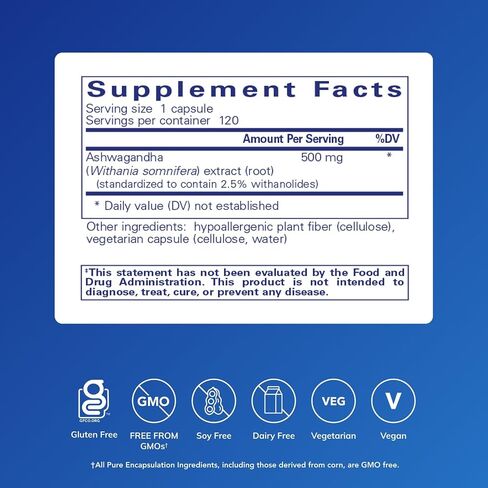Pure Encapsulations Ashwagandha - Adaptogen Supplement for Thyroid Support, Joints, Stress, Focus, and Memory* - with Ashwagandha Extract - 120 Capsules in Kuwait