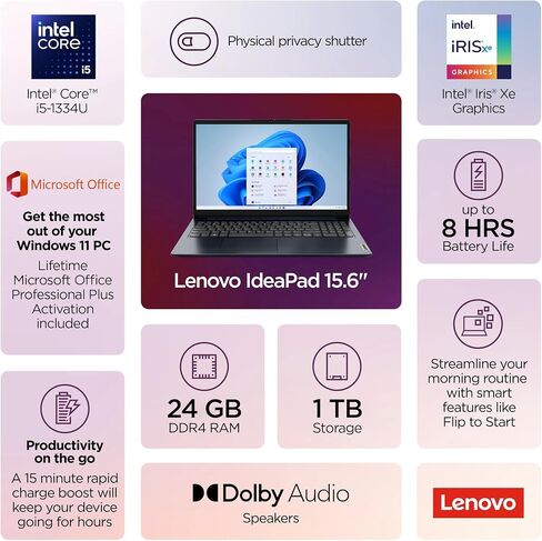 Lenovo IdeaPad Business Laptop, 15.6" FHD Touchscreen, Powerful 10-Core Intel i5-1334U, AI Copilot Computer, 24GB RAM, 1TB Storage (512GB SSD+500GB Ext), HubxcelAccessory, Win 11 Pro, Lifetime Office in Saudi Arabia