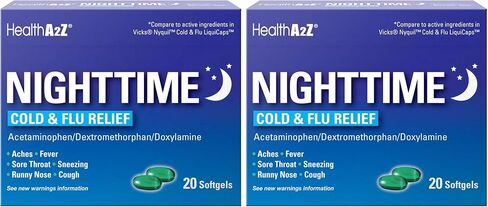 HealthA2Z® Daytime and Nighttime | Cold & Flu Medicine | Powerful Multi-Symptom Daytime and Nighttime Relief (20 Softgels) (Nighttime Cold & Flu Medicine (20 Count Pack of 1)) in Kuwait