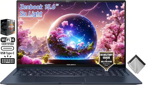 كمبيوتر محمول ASUS Zenbook 15 Business Slim، شاشة 15.6 بوصة FHD 100% sRGB، AMD Ryzen 5 7535U، لوحة مفاتيح بإضاءة خلفية، Wi-Fi 6E، USB C، Windows 11 Home، مع قماش (16 جيجابايت LPDDR5 RAM | 512 جيجابايت SSD) in Saudi Arabia