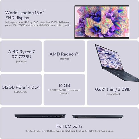 كمبيوتر محمول ASUS Zenbook 15 Business Slim، شاشة 15.6 بوصة FHD 100% sRGB، AMD Ryzen 5 7535U، لوحة مفاتيح بإضاءة خلفية، Wi-Fi 6E، USB C، Windows 11 Home، مع قماش (16 جيجابايت LPDDR5 RAM | 512 جيجابايت SSD) in Saudi Arabia