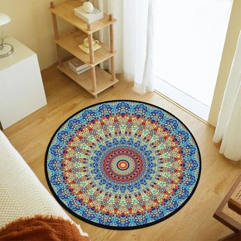 Round Rugs 2 FT Washable Non Slip Round Area Rug, Medium-Pile Small Circular Rug for Bedroom, Bathroom, Entryway, Kids Room, Office, College Dorm (Colorful Flowers Boho) in Saudi Arabia