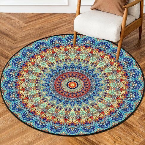 Round Rugs 2 FT Washable Non Slip Round Area Rug, Medium-Pile Small Circular Rug for Bedroom, Bathroom, Entryway, Kids Room, Office, College Dorm (Colorful Flowers Boho) in Saudi Arabia