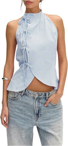 Milumia Women's Striped Tie Front Halter Top Sleeveless Open Back Wrap Asymmetrical Hem Tank Tops in Saudi Arabia